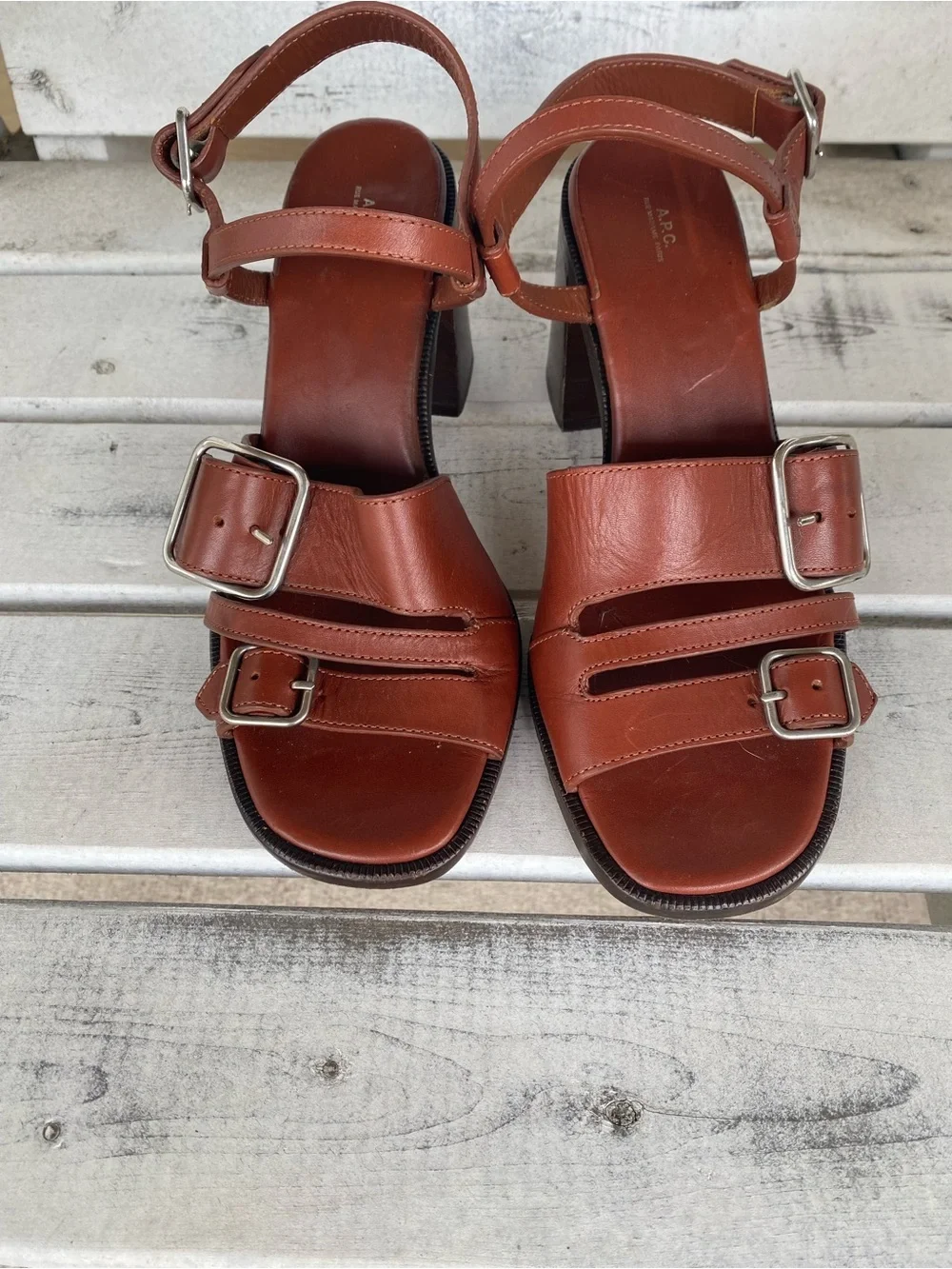 A.P.C. Tess Leather Buckle Block Heel Strappy Sandals Hazelnut Quiet Luxury 39/9